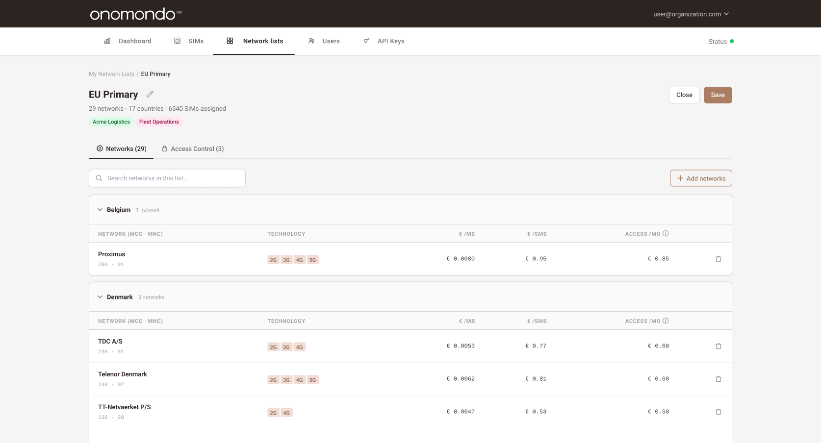 Network list review page,EU Primary list with 29 networks, 17 countries, pricing inline, and access control tab